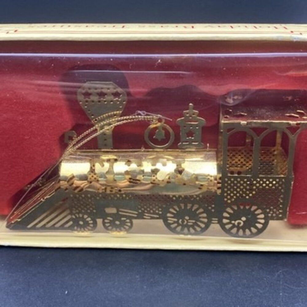 Russ Berrie 1986 Gold Tone Train Ornament Box Vintage Christmas Locomotive - Picture 5 of 7
